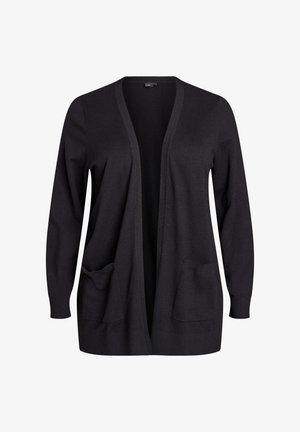 Čierny sveter na zapínanie z mäkkej látky, otvorený predný dizajn, dlhé rukávy, dve predné vrecká a textúrovaný povrch.