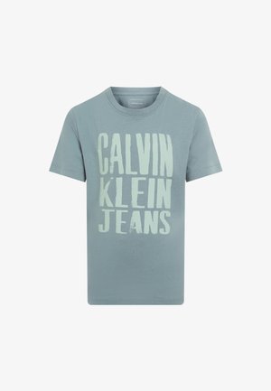 T-shirt di cotone azzurro chiaro con il grande e audace testo verde chiaro "CALVIN KLEIN JEANS" sulla parte anteriore. Collo tondo classico e maniche corte.