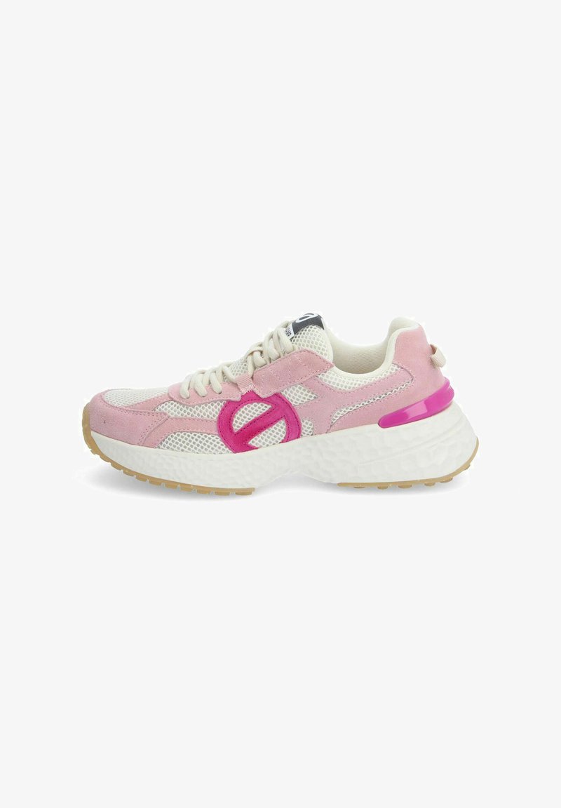 Pink and white athletic shoe with mesh upper, suede accents, a circular logo detail, and textured rubber sole for traction.
