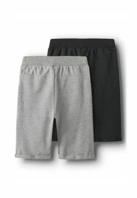 Două perechi de pantaloni scurți până la genunchi, una gri deschis și cealaltă neagră, ambele având talie elastică și tivuri pliabile, expuse alături una de cealaltă.