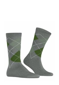 Graue Socken mit einem Rautenmuster in Grüntönen und weißen Nähten, aus einem weichen Material für zusätzlichen Komfort gefertigt.