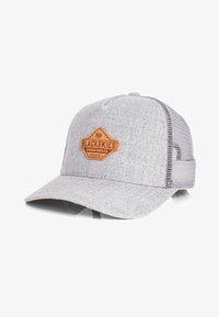 Gorra gris con respaldo de malla. Presenta un parche de cuero marrón con el texto "BLACKSKIES" y un diseño triangular. Tela suave con visera curvada.