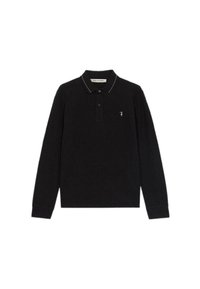 Czarna, długosleeve polo wykonana z bawełny, z zapięciem na trzy guziki, ryżowym kołnierzykiem z białymi paskami oraz małym logo na piersi.