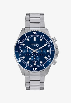 Breil Tribe herrearmbåndsur i sølvmetal med blå urskive, tre undermålere, datovindue og drejelig krans markeret med hvidt.