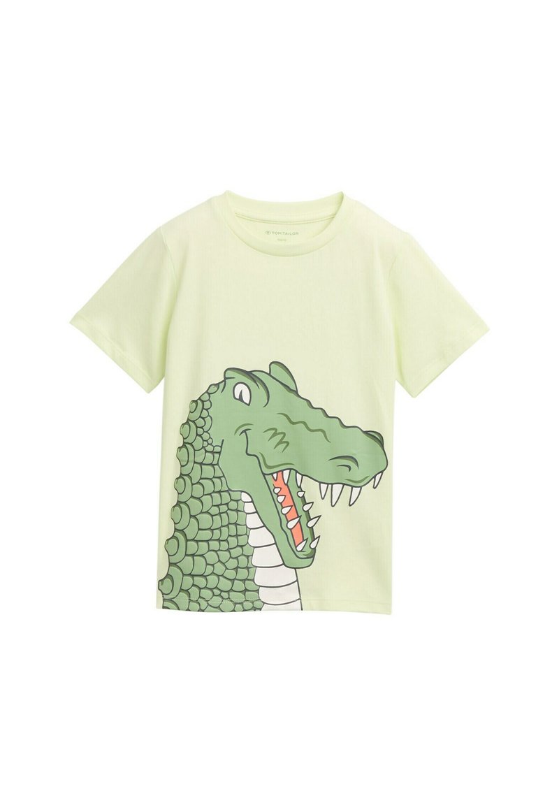 Lysegrøn bomulds-t-shirt med et stort krokodillegrafik på forsiden, der viser detaljerede skæl, hvide tænder og orange detaljer.