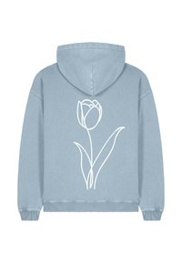 Felpa con cappuccio azzurro chiaro e una semplice illustrazione in linea bianca di un fiore di tulipano e foglie sul retro.
