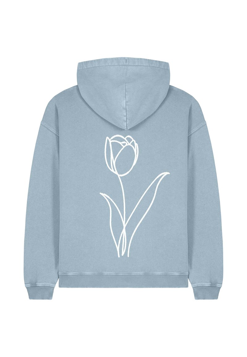 Felpa con cappuccio azzurro chiaro e una semplice illustrazione in linea bianca di un fiore di tulipano e foglie sul retro.