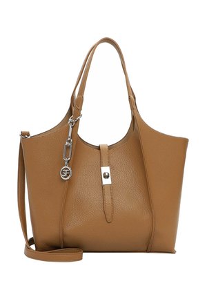 Pruun tekstuuriga nahast käekott kahe käepidemega, ees hõbedase kinnitusega rihm, SF-ripats ja reguleeritav õlarihm.