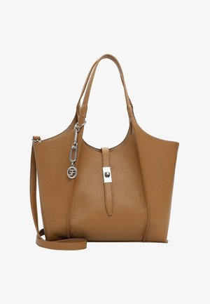 Braune, strukturierte Leder-Shopper-Tasche mit doppelten Griffen, einem vorderen Riemen mit silberner Schnalle, einem SF-Anhänger und einem verstellbaren Schultergurt.