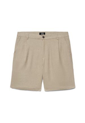 Pantaloncini beige al ginocchio con chiusura con bottone e zip, passanti per cintura e tasche laterali, distesi su sfondo bianco.