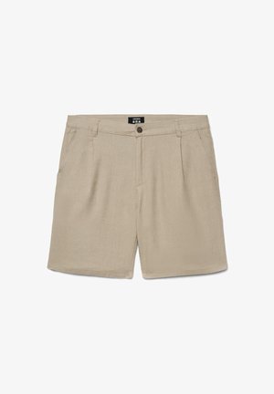 Pantaloncini beige al ginocchio con chiusura con bottone e zip, passanti per cintura e tasche laterali, distesi su sfondo bianco.