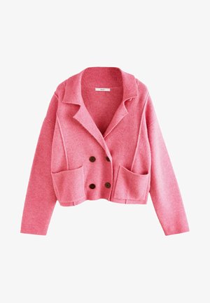 Roza volna mešana kratka jakna s ovratnikom z izrezom, dvoredno zapenjanje in sprednjimi žepi, z rjavimi gumbi in rebrastimi detajli.