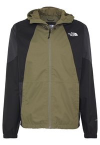 Chaqueta con capucha que cuenta con un cierre frontal de cremallera, diseño en bloque de color verde oliva y negro, puños elásticos y un logotipo en el lado izquierdo del pecho.