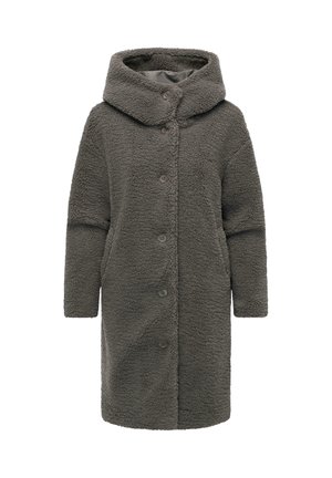 Manteau gris doublé en polaire avec une grande capuche, des manches longues, une fermeture à boutons sur le devant et des poches latérales. Texture douce et coupe oversize.