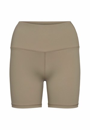 Beige cykelshorts med højtalje, elastisk stof, flade sømme og længde til midt på låret, designet til atletisk eller afslappet brug.