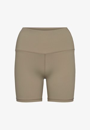 Beige, hoch taillierte, elastische Fahrradhosen mit flachen Nähten und Oberschenkellänge mittig, für sportliche oder legere Anlässe entworfen.