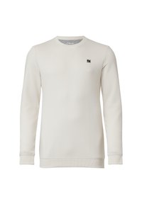 Sweatshirt beige clair en coton doux avec un col rond, des manches longues et un petit logo brodé sur la poitrine. Texture lisse.