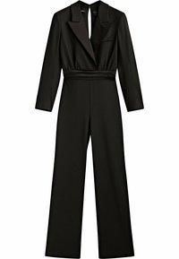 Svart jumpsuit av slätt tyg, med långa ärmar, sjalkrage, åtsittande midja och vida byxor. Minimalistisk design.