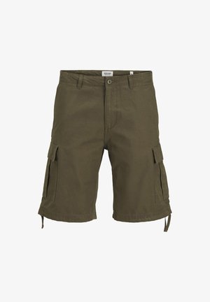Bermudas cargo verde-azeitona feitas de algodão. Possuem bolsos laterais, cordões ajustáveis na bainha e fecho de botão.