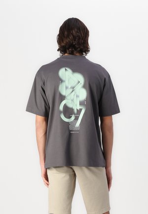 Grå bomulds t-shirt med et stort mintfarvet grafisk design og tekst på ryggen. Korte ærmer og en afslappet pasform.