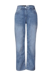 Lichtblauwe denim jeans met een rechte pijp. Kenmerken zijn onder andere voorzakken, een knoop en een subtiele vervaagde textuur.
