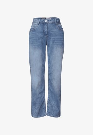 Helles blaugraues Denim-Jeans mit geradem Bein. Merkmale sind Vordertaschen, ein Knopf und eine subtile, verblichene Textur.