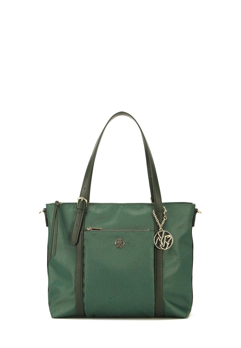 Borsa a tracolla verde realizzata in materiale sintetico testurizzato, con doppi manici, una tasca frontale con zip e un charm decorativo.