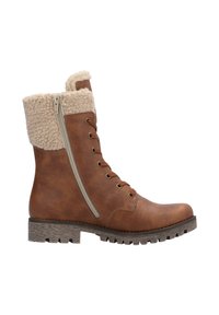 Bruine leren enkelboot met een beige nepbont kraag, veters aan de voorkant en een ritssluiting aan de zijkant. Textuur rubberen zool voor grip.