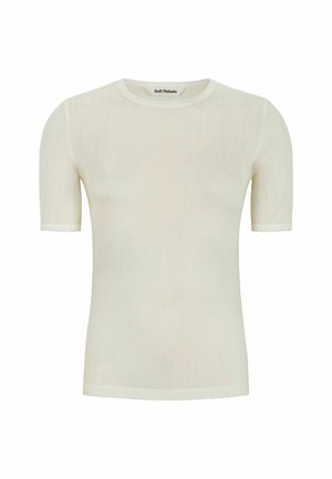 Bílé, žebrované tričko s krátkým rukávem a kulatým výstřihem s vykrojenými okraji. Měkký materiál s jemnou texturou a malými tečkovanými vzory po celém povrchu.