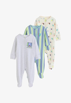 Trys ilgomis rankovėmis kūdikių kombinezonai su mygtukais: pilkas su šuns lipduku, mėlynas su žaliais dryžiais ir kreminės spalvos su spalvotomis gyvūnų veidais.