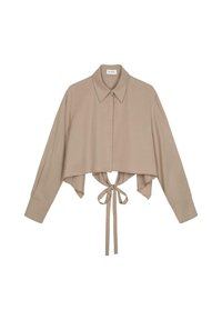 Blouse beige raccourcie avec un col pointu, des manches longues et un lien dans le dos. Tissu lisse avec un design minimaliste.