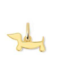 Ciondolo per cane color oro a forma di bassotto, con bordi lisci e delineati e un anello per l'attacco. Design semplice e minimale.