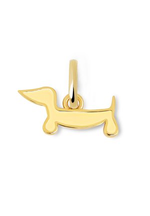 Gouden hondencharme in de vorm van een teckel, met gladde, omlijnde randen en een lus voor bevestiging. Eenvoudig en minimalistisch ontwerp.