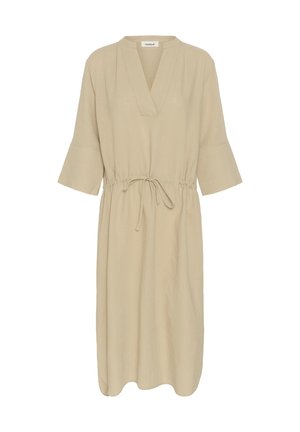 Abito beige alla lunghezza del ginocchio con scollo a V, maniche 3/4 e vita con coulisse per una vestibilità regolabile.