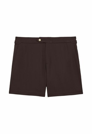Donkere bruine shorts van gladde stof, met een sluiting aan de voorkant met knoop, twee zijzakken en een getailleerd ontwerp met gestikte naden.