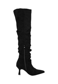 Zwarte over-de-knie laarzen van zacht suède, met een spitse neus en een nonchalant ontwerp, voorzien van een ritssluiting aan de zijkant en een bescheiden kittenhak.