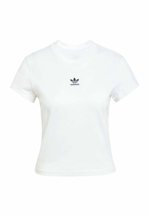 White cotton t-shirt with short sleeves and a crew neckline. Features a black Adidas logo printed on the chest. Simple, minimal design.