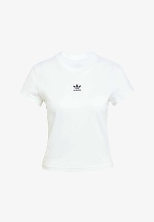 Hvid bomulds T-shirt med korteærmer og rund hals. Har et sort Adidas-logo trykt på brystet. Simpelt, minimalistisk design.