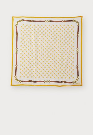 Bufanda de seda con un fondo blanco y un patrón floral amarillo, bordeada por un diseño de cadena en marrón y amarillo. Nombre de la marca "JOOP!" en la esquina.