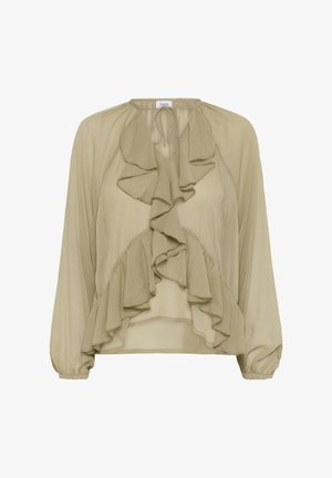 Olivgrüne Bluse mit gerafftem Frontdesign, Ballonärmeln und einem Kordelzug-Ausschnitt, aus leichtem, strukturiertem Stoff gefertigt.