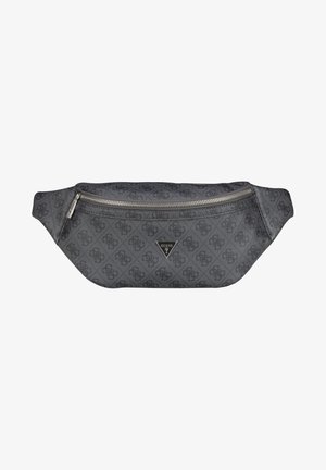 Sac banane gris foncé avec un motif texturé, une fermeture éclair argentée, un accent de logo triangulaire et une sangle réglable pour un port sécuritaire.