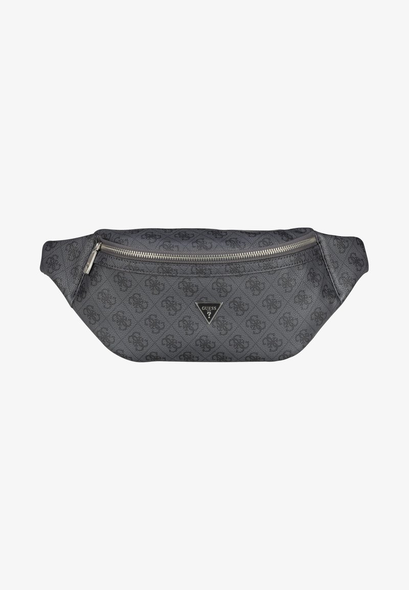 Sac banane gris foncé avec un motif texturé, une fermeture éclair argentée, un accent de logo triangulaire et une sangle réglable pour un port sécuritaire.