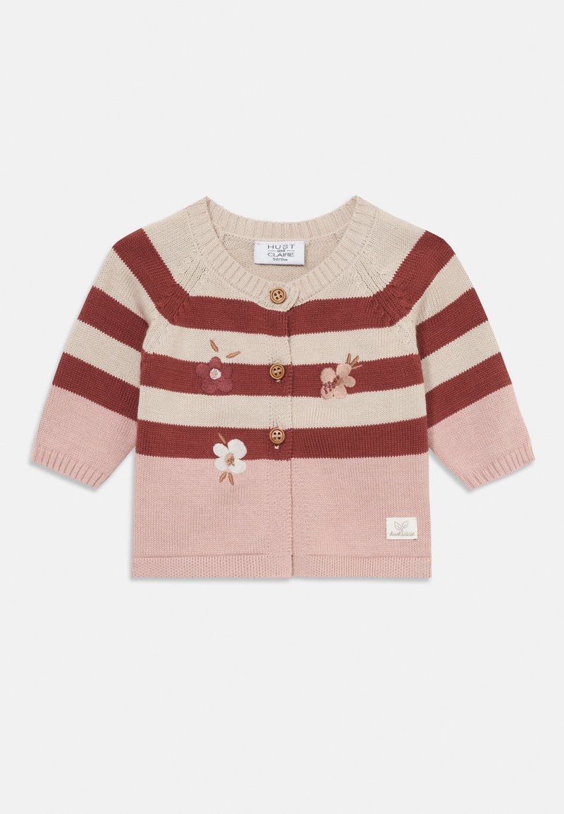 Cardigan tricoté rayé en crème, rouille et rose. Il comporte trois boutons, une broderie florale et un col et des poignets côtelés.
