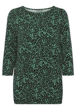 Must must ruheline, millel on laiguline muster, ümmargune kaelus ja kolmveerandi pikkuses varrukad. Valmistatud pehmest ja kergest kangast.