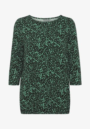 Fekete és menta zöld felső, pöttyös mintával, kerek nyakkivágással és háromnegyedes ujjakkal. Puha, könnyű anyagból készült.