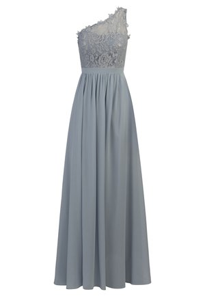 Ens-skulder kjole i lys blå med en blondetop og samlede skørt. Blødt stof med en flydende silhuet og indviklet blondedetaljering.