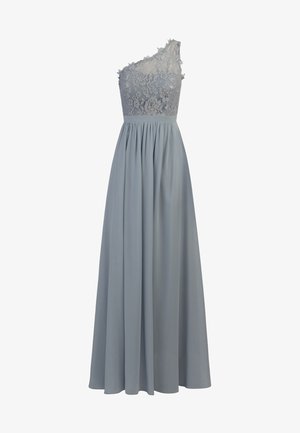 Ens-skulder kjole i lys blå med en blondetop og samlede skørt. Blødt stof med en flydende silhuet og indviklet blondedetaljering.