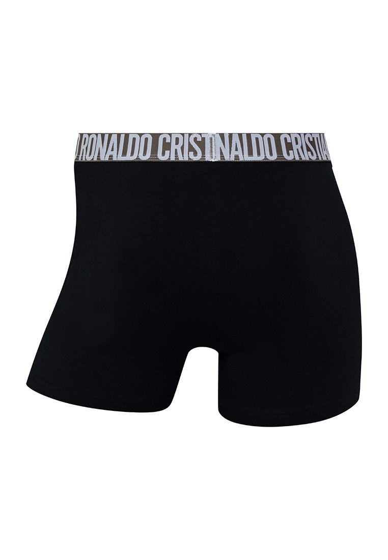 Boxer shorts noirs en tissu doux. Dotés d'une large ceinture élastique avec "CRISTIANO" en lettres blanches. Texture lisse, design ajusté.