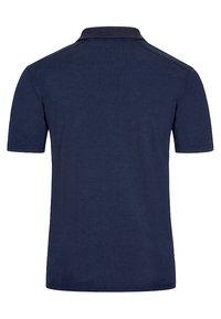 Marineblaue Polo-Shirt, kurze Ärmel, strukturierter Baumwollstoff, gerippter Kragen, schlichte Rückseite und keine sichtbaren Logos oder Grafiken.