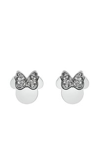 Boucles d'oreilles en argent en forme de nœud avec des accents en cristal. Fini lisse, corps rond avec un design de nœud mis en avant en haut.